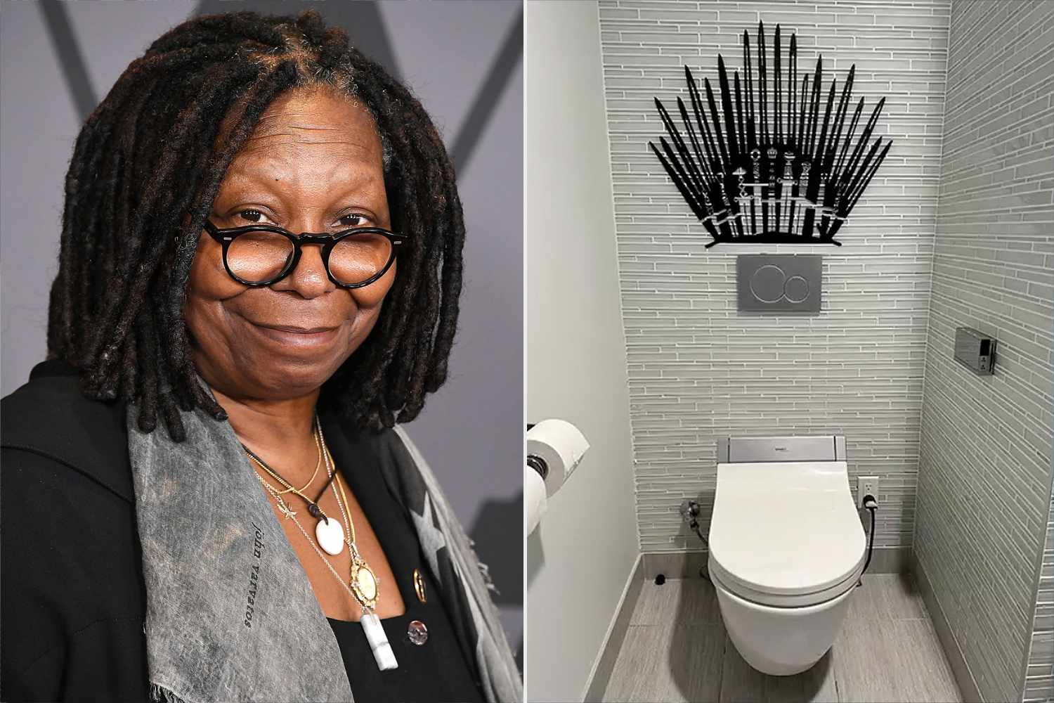 Вупи Голдберг показывает Киту Харингтону свой туалет в стиле «Игры престолов»: «Настоящий железный трон»